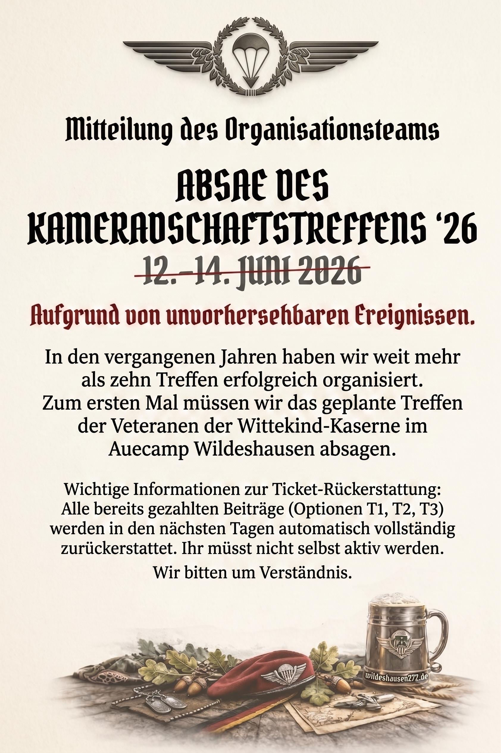 Wichtige Mitteilung des Organisationsteams: Absage des Kameradschaftstreffens ’26